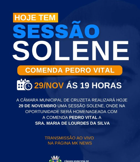 A Câmara Municipal de Cruzeta realizará hoje, às 19h, uma Sessão Solene para a entrega da Comenda Pedro Vital