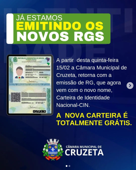 A partir desta quinta-feira 15/02 a Câmara Municipal de Cruzeta, retorna com a emissão de RG