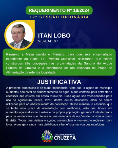 Confira o requerimento do Vereador Itan Lobo aprovado na 12° Sessão, realizada dia 07 de maio.