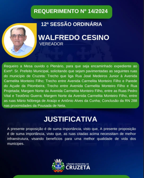 Confira o requerimento do Vereador Walfredo Cesino , aprovado na 12° Sessão dia 07 de maio.