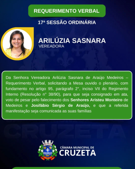 Confira o Requerimento Verbal da Vereadora Arilúzia Sasnara, na 17° Sessão Ordinária realizada dia 11 de junho.