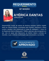 CONFIRA O REQUERIMENTO VERBAL DA VEREADORA AYÉRICA DANTAS, APROVADO NA 33° SESSÃO ORDINÁRIA.