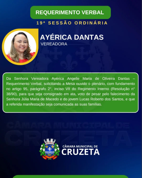 Confira o Requerimento Verbal da Vereadora Ayerica Dantas, na 19° Sessão Ordinária.