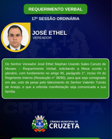 Confira o Requerimento Verbal do Vereador José Ethel, na 17° Sessão Ordinária realizada dia 11 de junho.