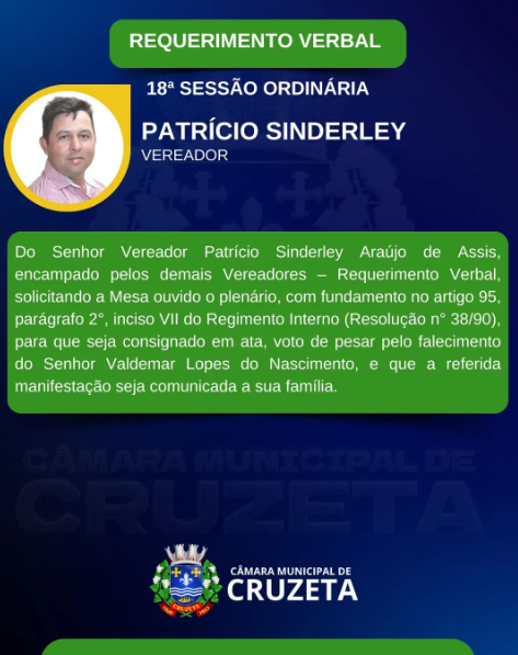 Confira o Requerimento Verbal do Vereador Patrício Sirderley, na 18° Sessão Ordinária.