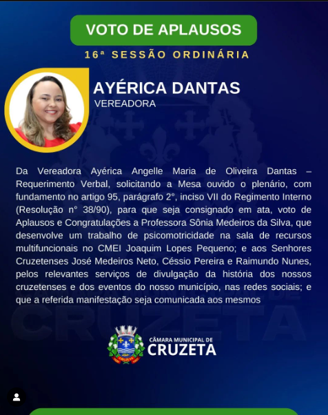 CONFIRA O VOTO DE APLAUSOS DA VEREADORA AYÉRICA DANTAS, NA 16° SESSÃO ORDINÁRIA.