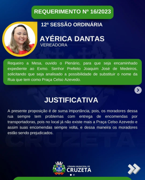 Confira os requerimentos da Vereadora Ayerica Dantas, aprovados na 12° Sessão, realizada dia 07 de maio.