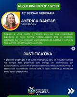 Confira os requerimentos da Vereadora Ayerica Dantas, aprovados na 12° Sessão, realizada dia 07 de maio.