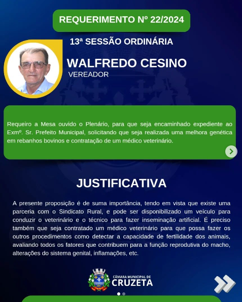 Confira os requerimentos do Vereador Walfredo Cesino, aprovados na 13° Sessão Ordinária.