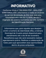 Conforme Ofício nº 750/2023/ITEP - GDG/ITEP - DIRETORIA-ITEP, informamos a todos os usuários do serviço de emissão de RGs que, este ano, funcionará até o dia 30/11/2023