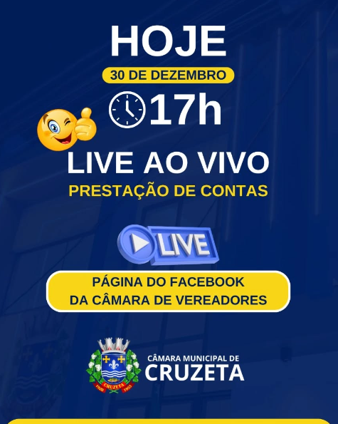 Hoje, às 17 horas, teremos uma live especial com o Presidente da Câmara de Vereadores de Cruzeta