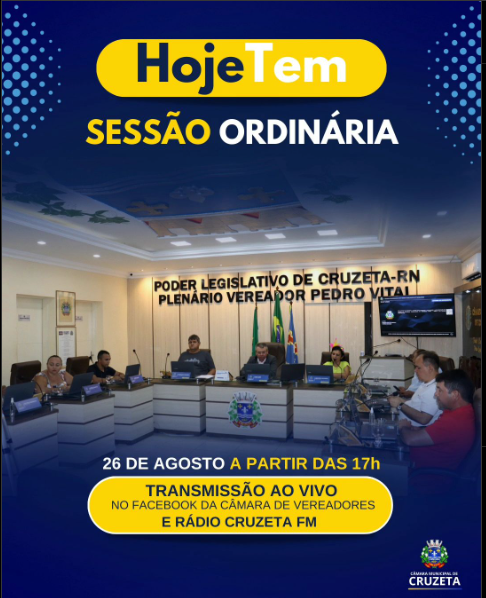 Hoje, na Câmara Municipal de Cruzeta, acontecerá mais uma Sessão Ordinária.