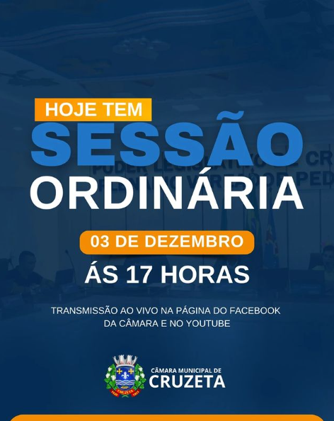 Hoje tem Sessão Ordinária a partir das 17h no Plenário Pedro Vital da Câmara Municipal de Cruzeta