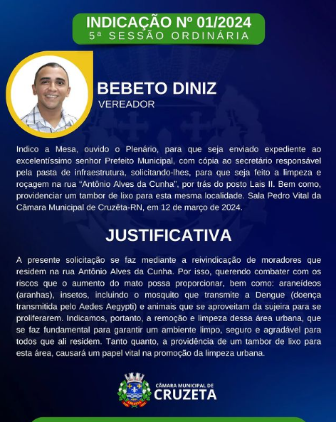 Indico a Mesa, ouvido o Plenário, para que seja enviado expediente ao excelentíssimo senhor Prefeito Municipal solicitando-lhes, para que seja feito a limpeza e roçagem na rua “Antônio Alves da Cunha”