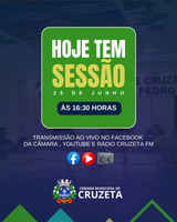 oje tem Sessão Ordinária a partir das 16:30h, no Plenário Pedro Vital da Câmara Municipal de Cruzeta