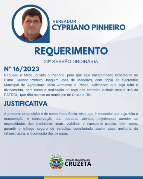 REQUERIMENTO N° 16/2023 DO VEREADOR CYPRIANO PINHEIRO